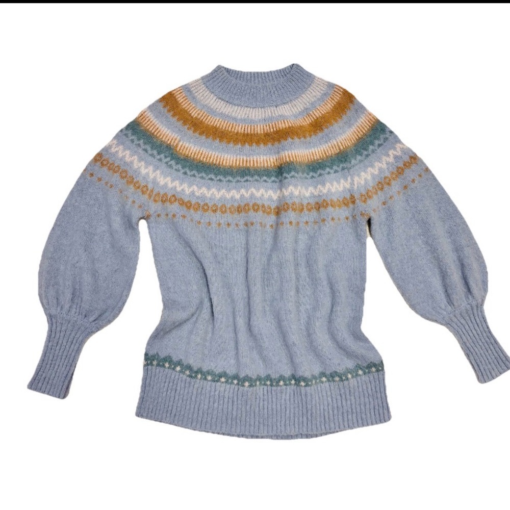 J.Crew Fair Isle Yoke Puff-Sleeve Oversized Sweater Blue Alpaca Blend XS